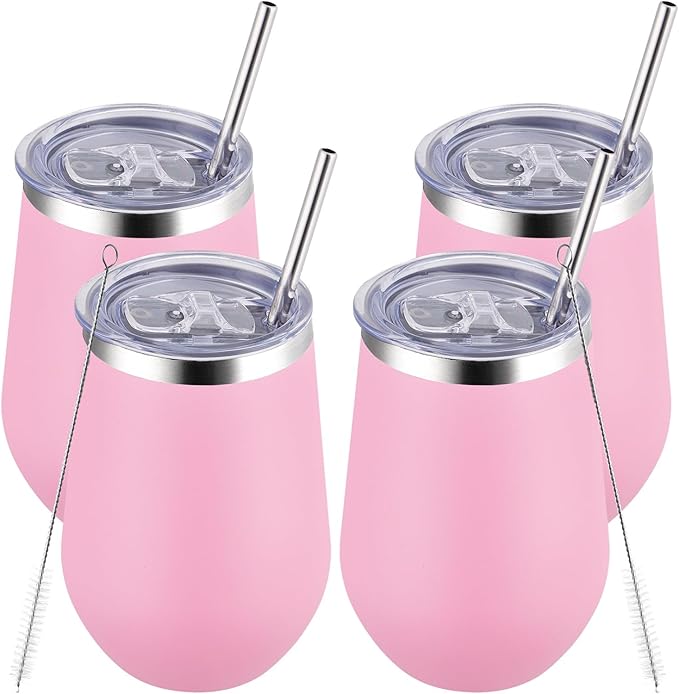 MEWAY 12oz Insulated Wine Tumbler with Lid and Straw - Double Wall Vacuum Stainless Steel Wine glass, Ideal for Travel and Office, Baby shower prizes for winners(Pink,Set of 4)