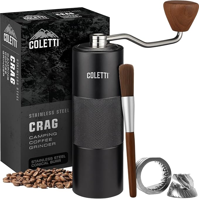 COLETTI Crag Manual Coffee Grinder — Hand Coffee Grinder — CNC Burr Precision Hand Grind, Heavy Duty for Travel, Camping, Hiking & Adventure – Includes Brush [Black Coat]