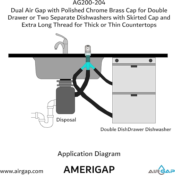 Dual Air Gap with Polished Chrome Brass Cap for Double Drawer or Two Separate Dishwashers with Skirted Cap and Extra Long Thread for Thick or Thin Countertops (AG200-204, AG200-X04, AMERIGAP)