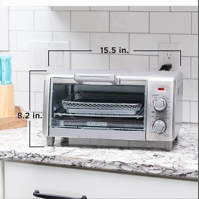 BLACK+DECKER Crisp 'N Bake Air Fry Countertop Convection Toaster Oven, Medium Capacity, 4-Slice, 5-in-1, Fits 9” Pizza, 30-Min Timer, Bake, Broil, Air Fry, Toast, Keep Warm, Stainless Steel