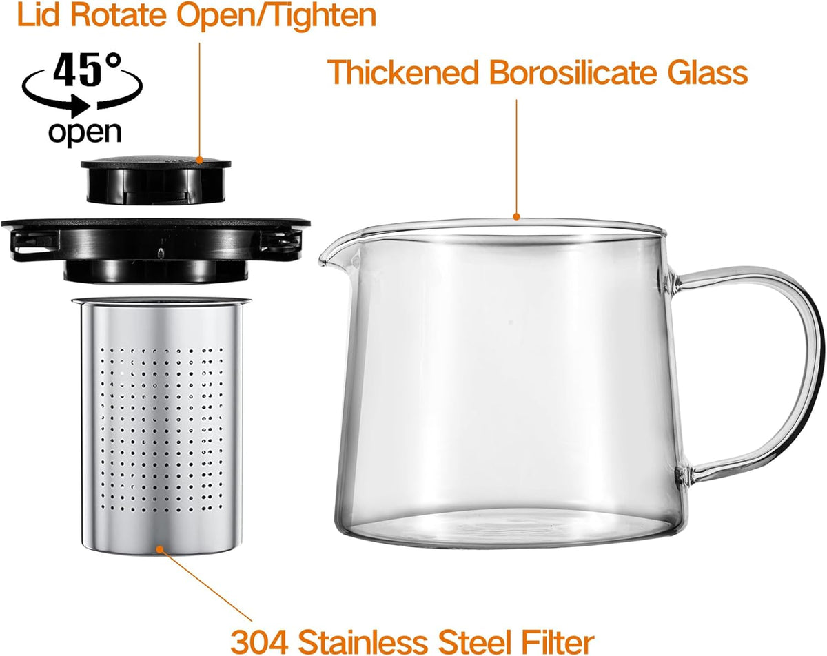 Glass Teapot 51oz/1500ml with 6 Pack Tea Cups Gift Set, Removable Stainless Steel Infuser Tea pot, Heatproof Borosilicate Glass Tea Make, Stovetop Safe Glass Tea Kettle for Loose and Blooming Leaf Tea