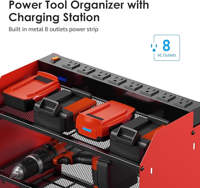 CCCEI Modular Power Tool Organizer Wall Mount with Charging Station. Garage Drill Storage Shelf with Hooks, Heavy Duty Rack, Tool Battery Holder Built in 8 Outlet. Gift for Men. Red, 2 Pack.