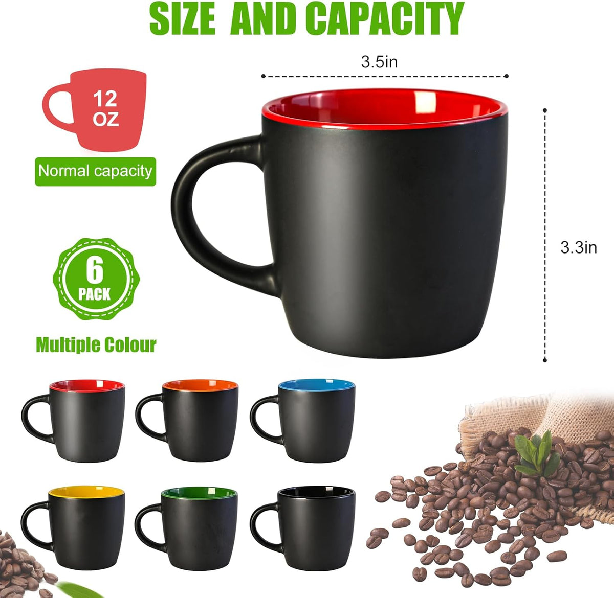 11oz ceramic Coffee Mug Sets Matte Black Porcelain Mug Multiple colors Cups for Coffee, Tea, Juice, Cocoa Set of 6 (11oz)