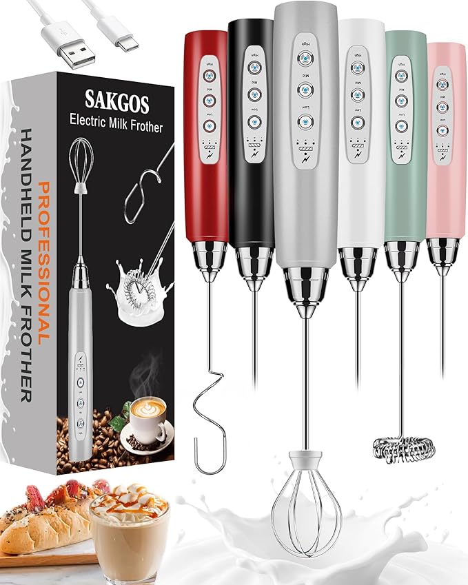 Sakgos Milk Frother Rechargeable Handheld-Electric Whisk 3 Speed Adjustable, Coffee Frother Wand with 3 Stainless Whisks, Electric Foam Maker, Drink Mixer Blender for Latte Cappuccino Matcha Egg