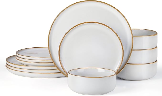 E-far Plates and Bowls Set for 4, 12-Piece Stoneware Dinnerware Sets, Ceramic Dinning Ware Reactive Glaze Dishes Set, Microwave & Dishwasher Safe - Seashell White