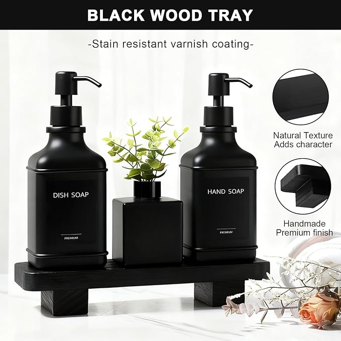 Modern Kitchen Soap Dispenser Set with Wood Tray, Black Glass Soap Dispenser with Pump, Decorative Hand and Dish Soap Dispenser Set, Soap and Lotion Dispenser Upgrade for Kitchen and Bathroom Decor