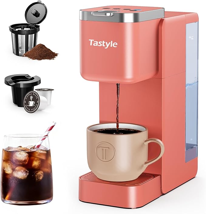 Tastyle Single Serve Coffee Maker, Iced and Hot Coffee Machine for K Cup & Grounds, Compact Design, 40oz Removable Water Reservoir, 6 to 24 Oz Brew Sizes, Fits 7.3" Travel Mug, Salmon