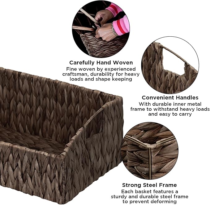 Ollieroo Natural Water Hyacinth Storage Baskets, Handwoven Wicker Storage Bins with Built-in Handles, Storage Container Baskets for Shelves, Bedroom, Bathroom, Laundry Room or Kitchen(Black)