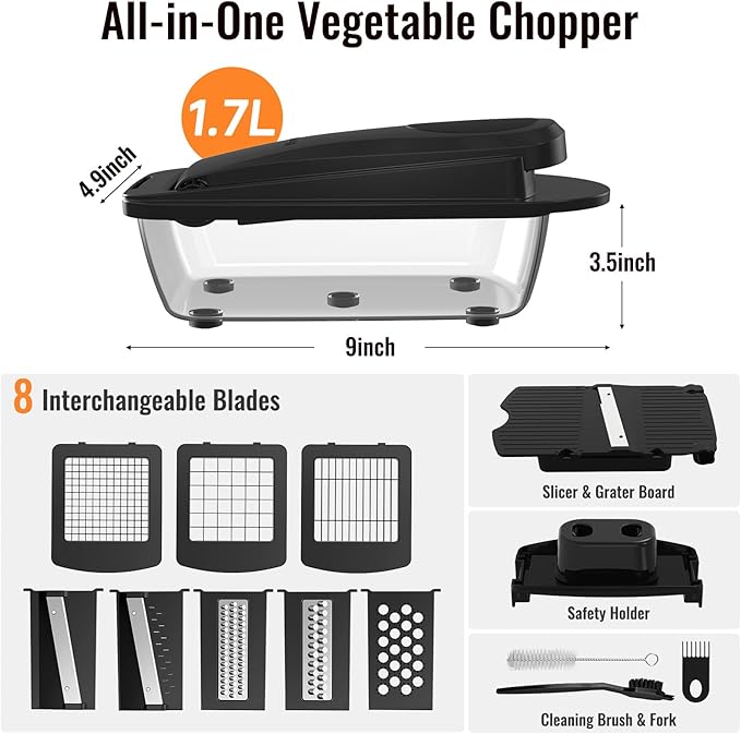 8 Blade All-in-1 Vegetable Chopper Mandoline Slicer with Container, Food Chopper, Onion Chopper, Veggie Cutter for Salad, Kitchen Gadgets Accessories Essentials, Black