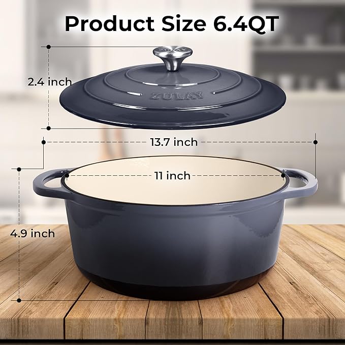 Zulay Kitchen 6 Quart Enameled Cast Iron Dutch Oven Pot with Lid – Premium Durability & Oven Safe up to 500°F – Heavy Duty Cookware Perfect for Bread Baking, Stews, Braising & Roasting – Gray