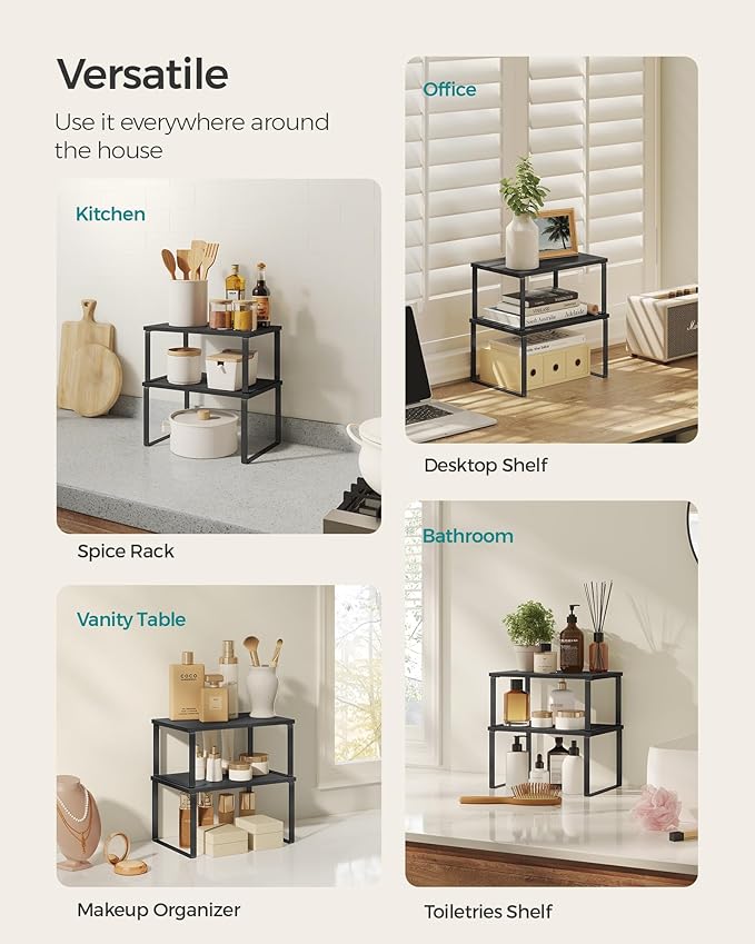 SONGMICS Cabinet Organizer Shelf, Set of 4 Kitchen Counter Shelves, Kitchen Storage, Spice Rack, Stackable, Expandable, Metal and Engineered Wood, Ink Black and Ebony Black UKCS027B01
