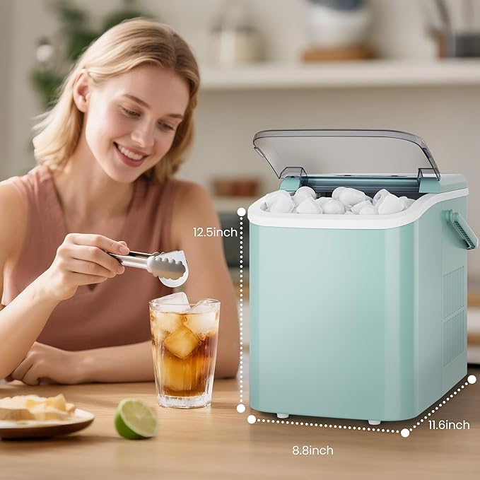 DUMOS Countertop Ice Maker with Handle, 26lbs/24H Portable Ice Machine, 9 Bullet Cubes Ready in 6 Mins, Self-Cleaning, Quiet Compact for Home, Kitchen, RV, Camping, Green