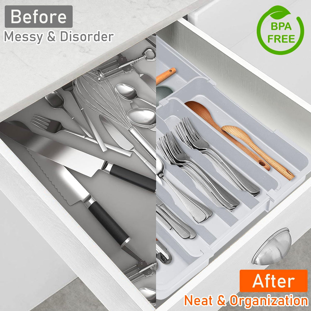 Expandable Silverware Drawer Organizer BPA Free Cutlery Organizer Small Utensil Organizer for Kitchen Drawers Adjustable Spoons Forks Knives Storage Divider, Gray