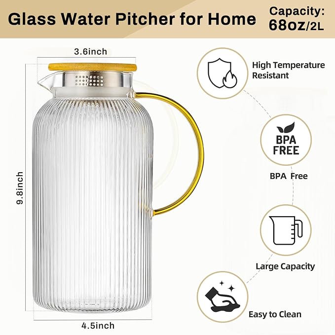 Buaic Glass Pitcher with Lid, 2 PACK 68 oz/2 Liter Vertical Water Pitcher With Serving Tray, Clear Borosilicate Glass Water Carafe for Cold Brew, Coffee, Lemonade, Iced Sun Tea,Beverage,Heat Resistant