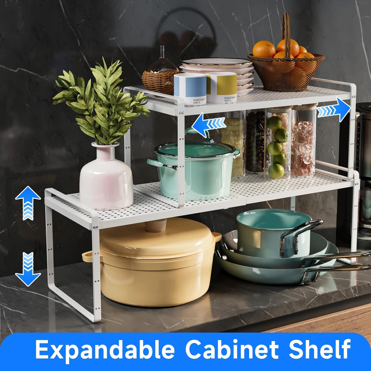 Expandable Kitchen Shelf Organizers, Kitchen Cabinet Organizer Stand Rack Organization for Countertop Cupborad Pantry, White 1 Pack