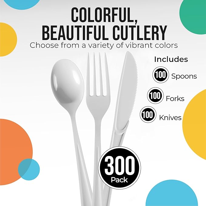 Party Solids White Plastic Silverware Heavy Duty 300 Pieces White Plastic Cutlery Sets, Utensil Sets, 100 Of Each Forks, Knives & Spoons Disposable Cutlery Set, Flatware Set For Party Supplies