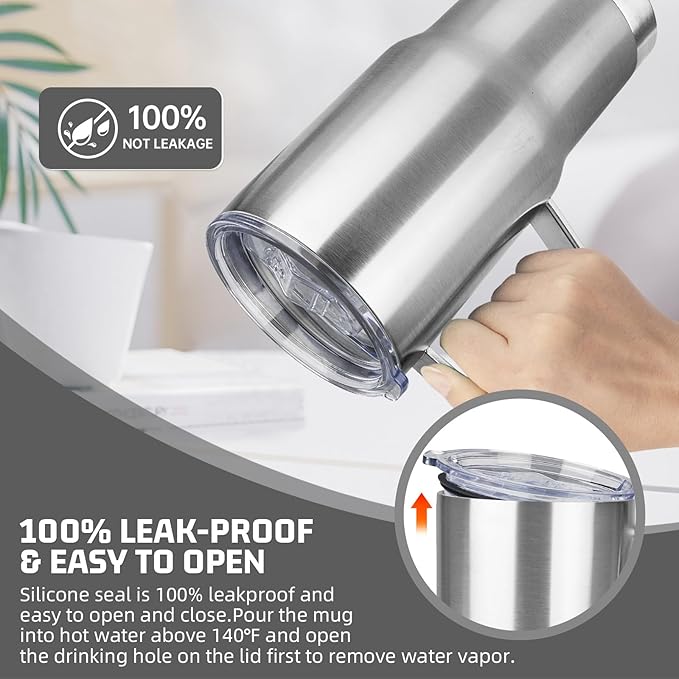 20 oz Tumbler with Handle Stainless Steel Insulated Coffee Mug Tumbler with Lid and Straw Double Wall Vacuum Insulated Coffee Mug Leak Proof Travel Mug Tumbler for Hot and Cold Drink (Silver,1pack)