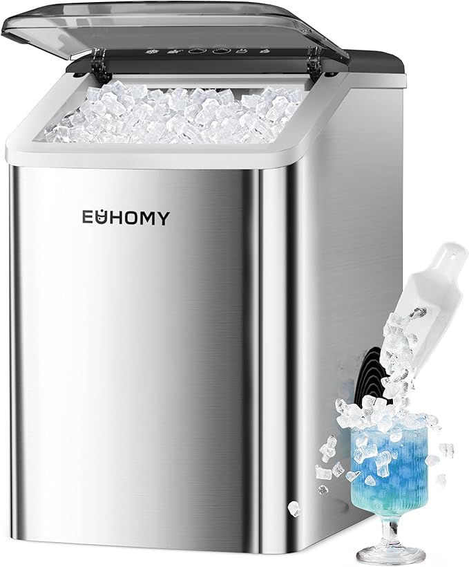 EUHOMY Nugget Ice Maker Countertop, Max 40lbs/Day, Auto-Cleaning, 2Qt Reservoir, Compact Sonic Ice Maker with 2.5lbs Basket and Scoop, Soft Chewable Nugget Ice for Home/Party/RV/Camping (Stainless)