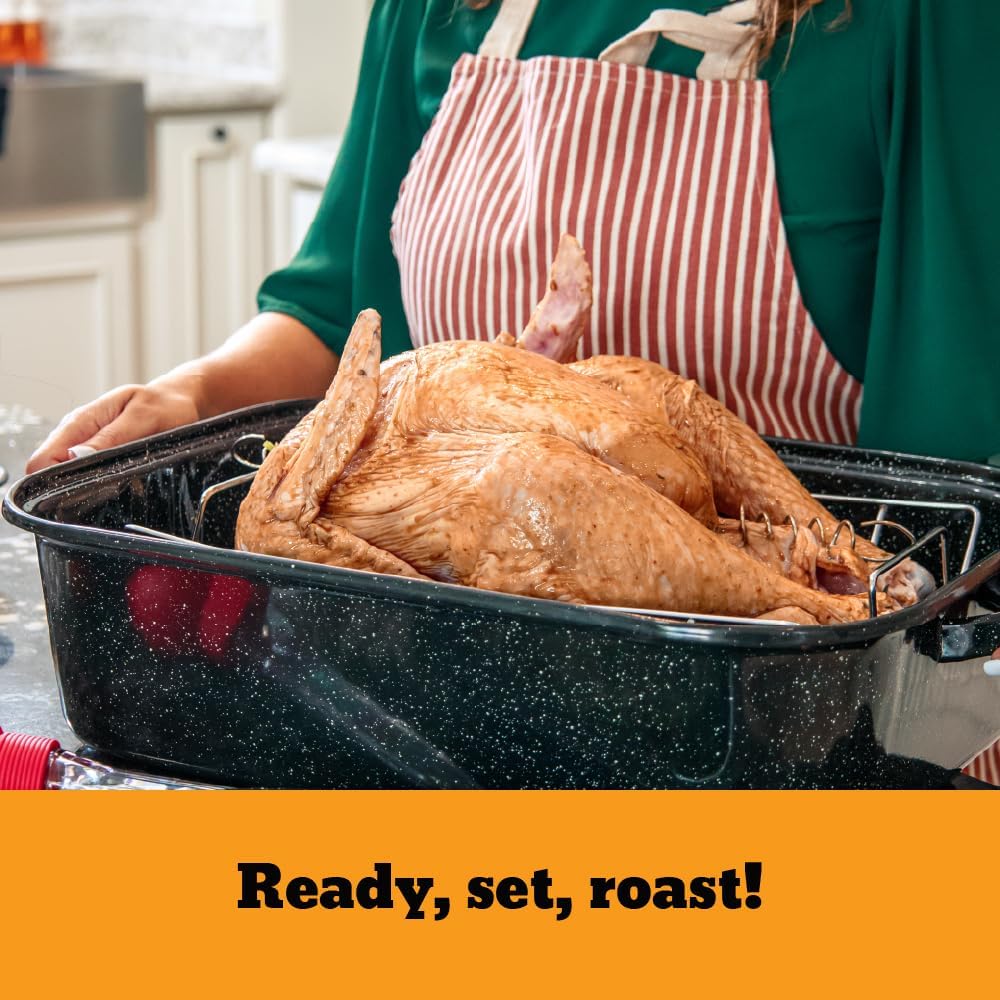 Granite Ware 21 in Oven Rectangular Roaster with lid and V Rack (Speckled Black) - Accommodates up to 25 lb poultry or roast.