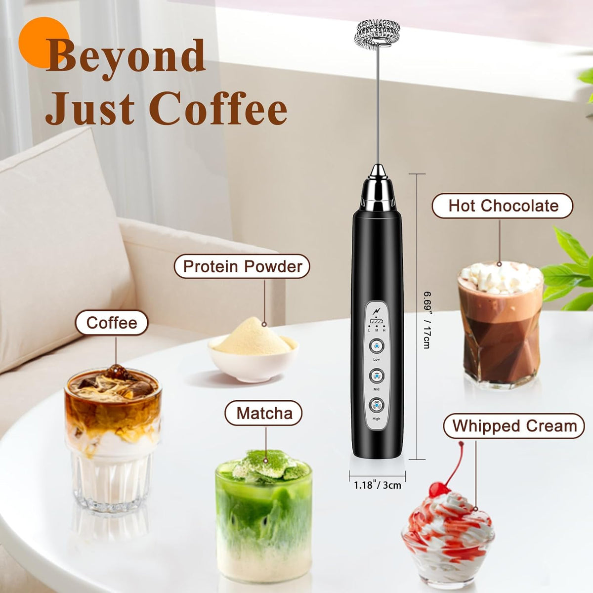 Milk Frother Handheld Rechargeable, Frother Wand Drink Mixer Electric Whisk for Coffee, Detachable With 3 Stainless Whisks, Hand Mixer for Lattes, Cappuccino, Matcha, Egg, No Stand, Black