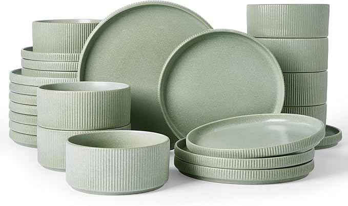 Famiware Star Dinnerware Set, Plates and Bowls Sets for 8 (24pcs), Ribbed Stoneware Dishes - Chip & Scratch Resistant, Microwave & Dishwasher Safe, Matte Sage Green