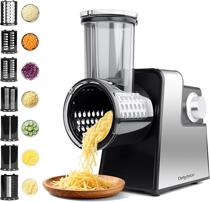 Electric Cheese Grater 7 in 1, Stainless Steel Salad Shooter, Food Slicer Shredder Chopper with Rotary Switch, 300W, for Block Cheese Vegetables Cucumber Carrots