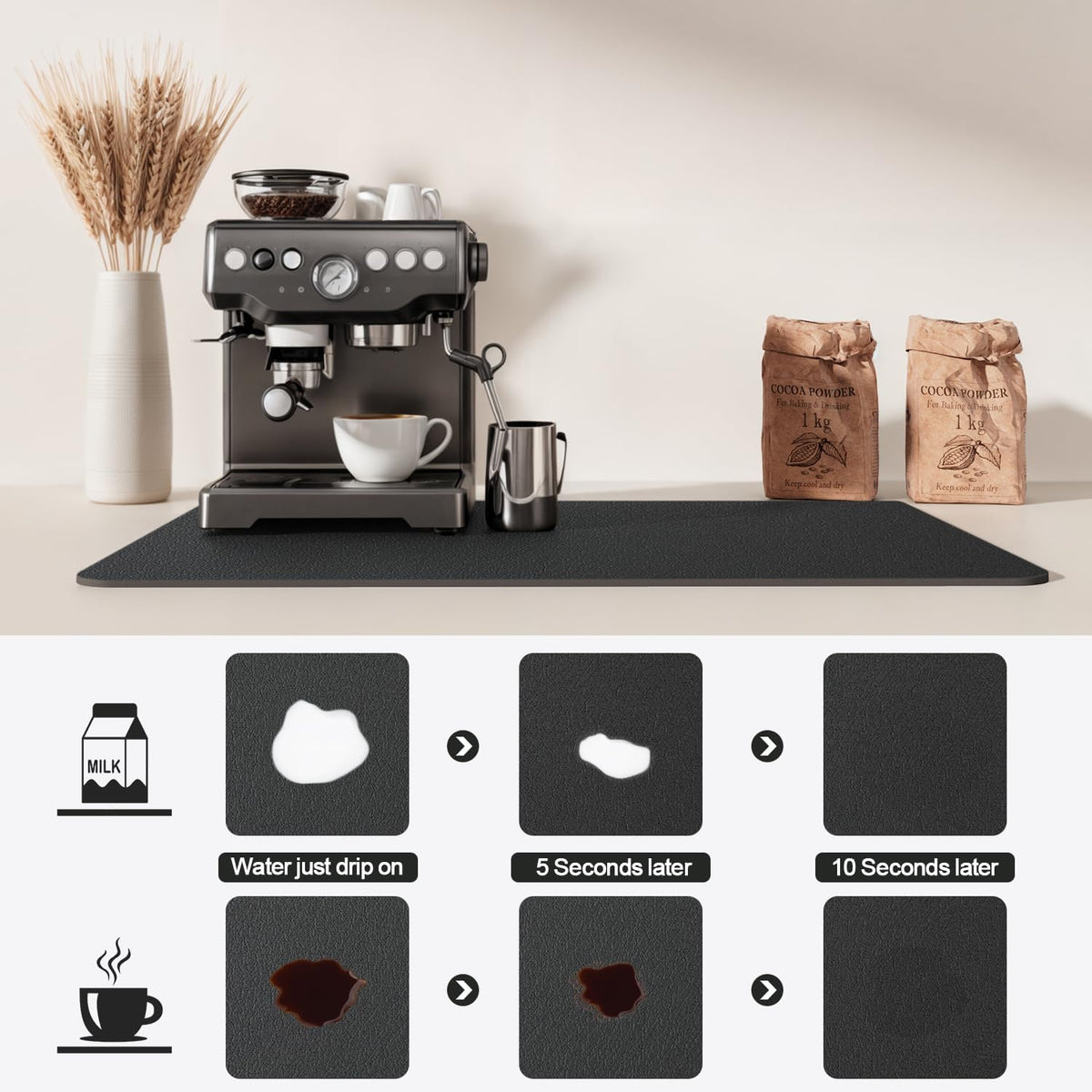 Dish Drying Mat for Kitchen Counter | Coffee Bar Mat for Countertops | Heat Resistant Drainer Mat with Non-slip Rubber Backed | Hide Stain Kitchen Absorbent Draining Mat | Black 16"x18"