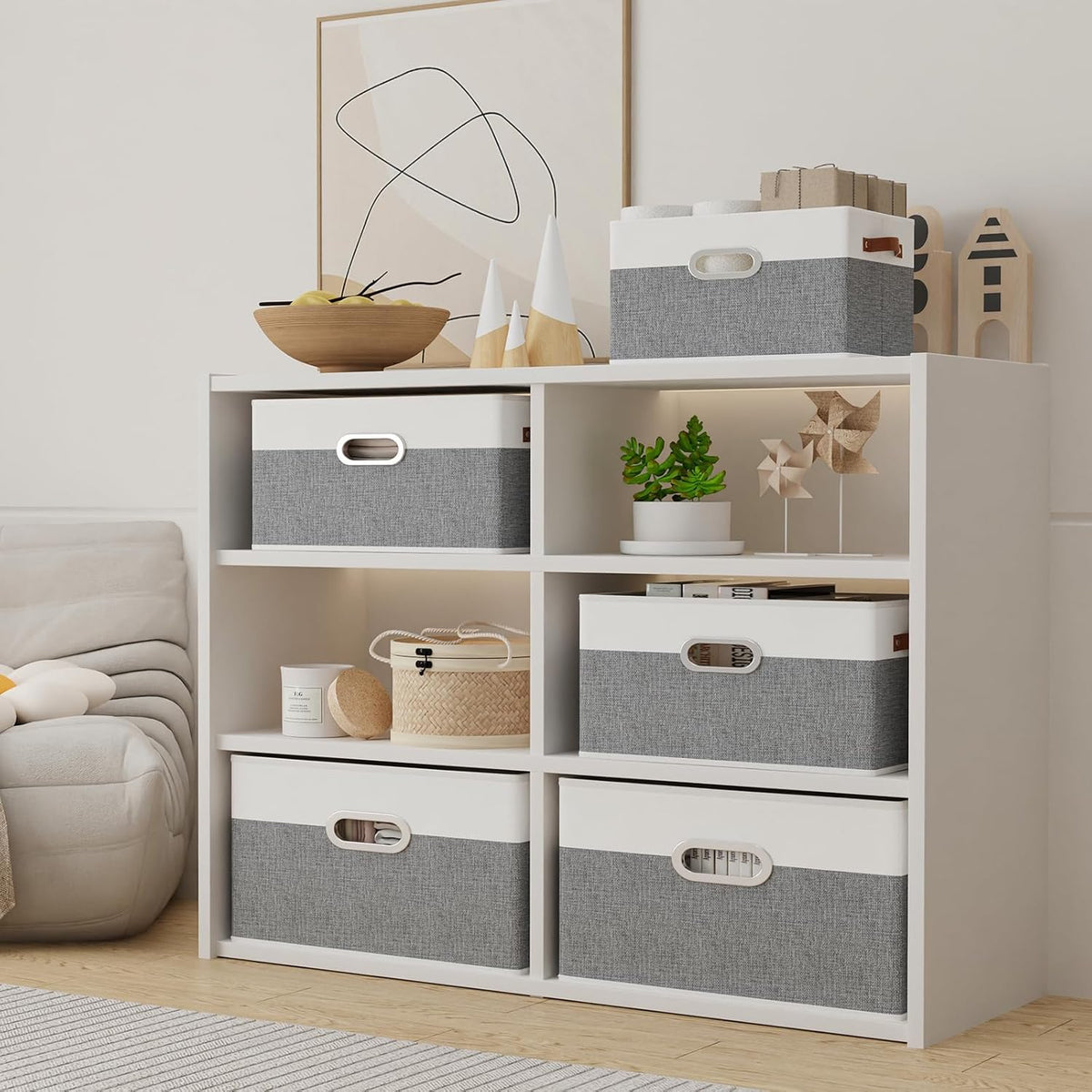 Yawinhe Fabric Storage Bins with Handles, Foldable Baskets for Shelves, Cubes with 3 Handles, Large Boxes for Clothes, White/Grey, 16.9''Lx11.8''Wx10.2''H, 4-Pack