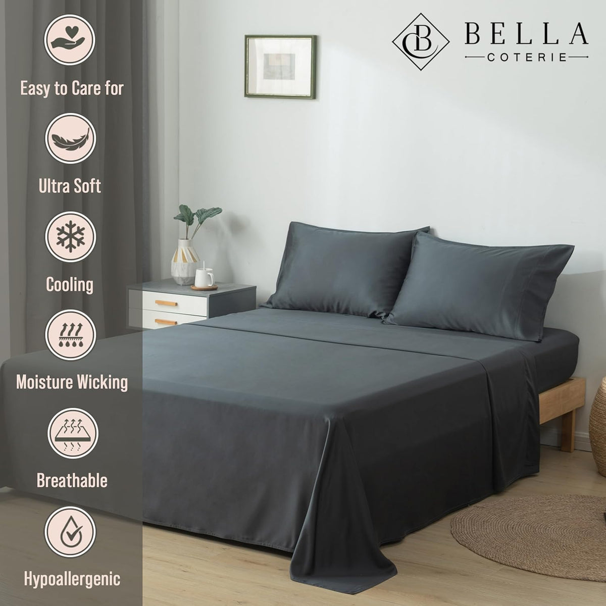 Bella Coterie Luxury Bamboo Viscose Queen Size Sheet Set | 100% Organically Grown | Ultra Soft | Cooling for Hot Sleepers | 18" Deep Pocket [Charcoal Grey]