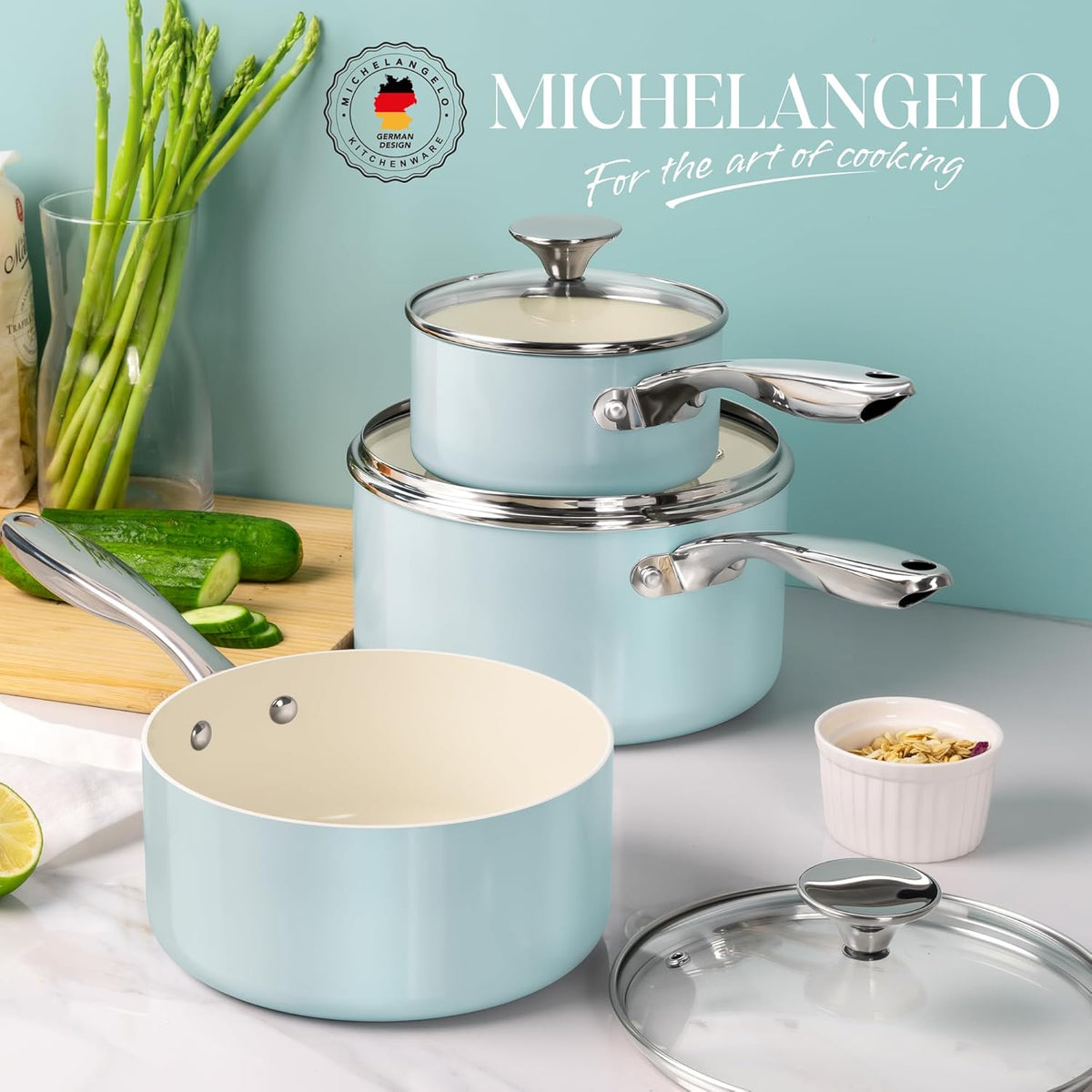 MICHELANGELO Sauce Pan with Lid, Non Stick Saucepan Set of 3-1Qt & 2Qt & 3Qt Small Pots for Cooking, Ceramic Saucepan - Non-Toxic, Scratch-Resistant, Oven Safe, Light Blue