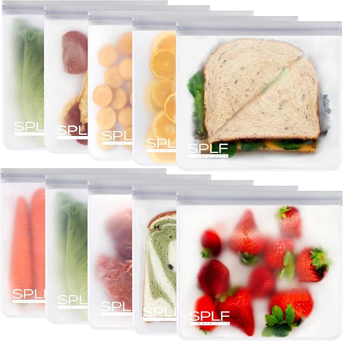 SPLF 10 Pack Reusable Sandwich Bags Dishwasher Safe, Reusable Quart Freezer Bags, Extra Thick Leakproof Food Storage Bags Silicone and Plastic Free for Marinate Meats, Cereal, Lunch, Travel Items Gray