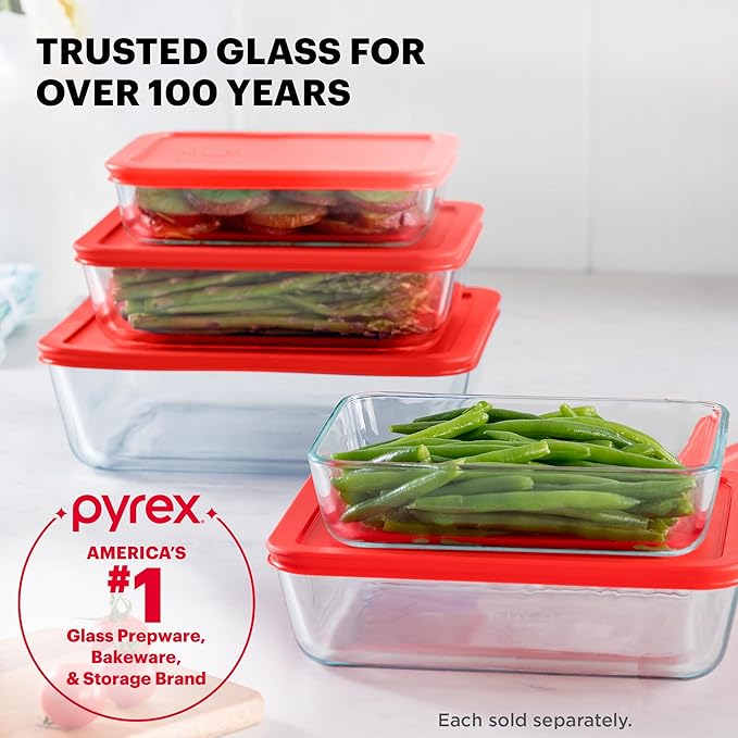 Pyrex Simply Store Glass Food Storage Container, Snug Fit Non-Toxic Plastic BPA-Free Lids, Freezer Dishwasher Microwave Safe, 11 Cup