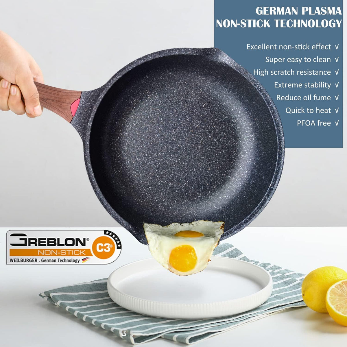 Vinchef Nonstick Deep Frying Pan Saute Pan with Lid, 10in/3Qt Skillet Pan, German 3C+ Ceramic Coating Technology, Aluminum Casting, Induction Compatible
