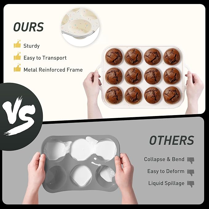 2 Packs 12 Cups Silicone Muffin Pan with Metal Reinforced Frame Regular Size Cupcake Pan Tray Egg Bites Oven Safe Silicone Molds Cookie Muffin Pan Tin Best Baking Sheets Non Toxic Clearance