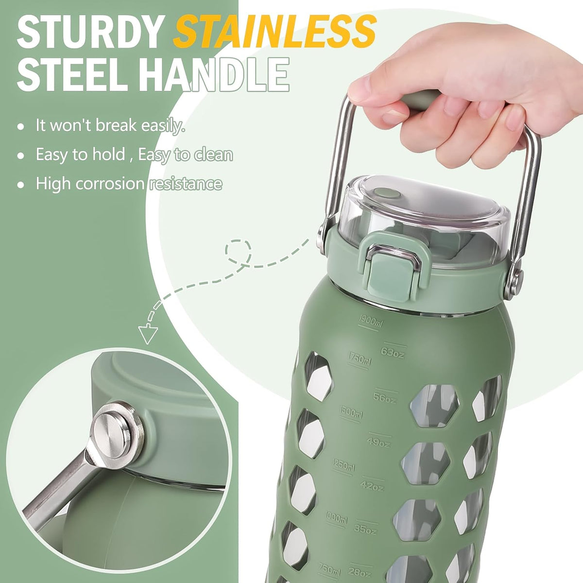 MUKOKO 64oz Glass Water Bottles with Straw and Lid,Half Gallon Water Bottle with Time Marker,Large Glass Water Jug with Silicone Sleeve and Stainless Steel Handle-Olive