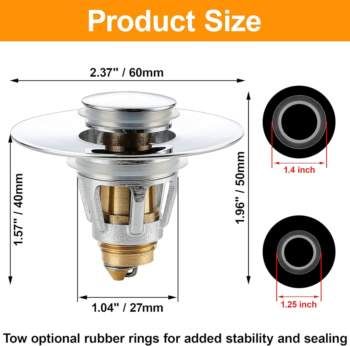 Bathroom Sink Stopper - for 1.25" Standard Drain Holes, Pop Up Sink Strainer, Bullet Core Push Type Stainless Steel Plug