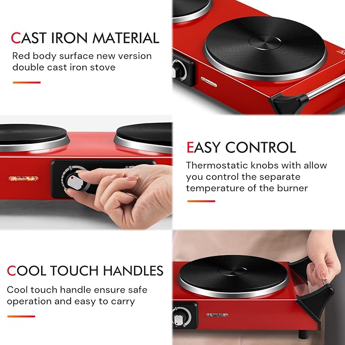 Hot Plate, Techwood 1800W Portable Electric Stove for Cooking Countertop Dual Burner with Adjustable Temperature & Stay Cool Handles, 7.5” Cooktop for Home/RV/Camp, Compatible for All Cookware, Red