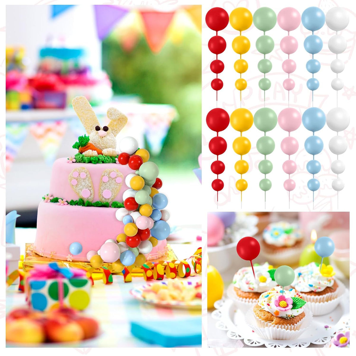 48 Pcs Balls Cake Topper Decorations Balloon Cupcake Toppers Foam Cake Topper Balls Cake Balls Decorations for Birthday Party Wedding Cake Decorating(Red,Yellow,Green,Pink,Blue,White)