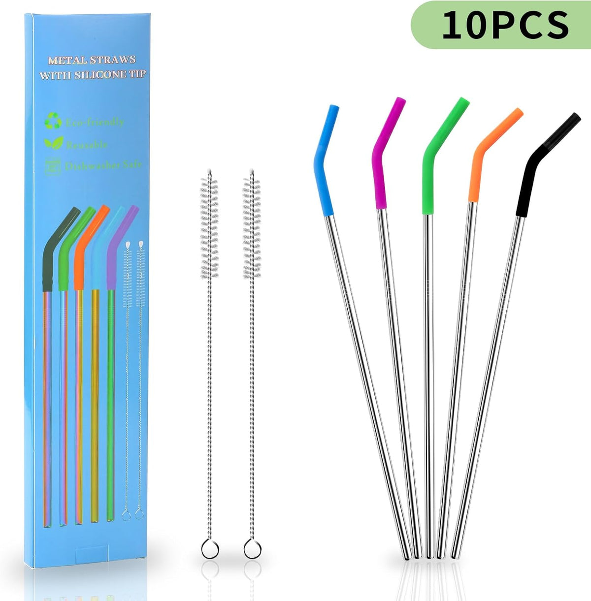 Lazycorner 10 Pcs Metal Straw Reusable 8.5" 6mm Stainless Steel Straws,20oz-32oz, Silver Drinking Straws with Silicone Tips, 4 Straw Cleaner Brush, 1 Travel Case