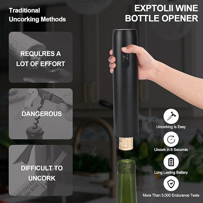 Electric Wine Opener Set with Charging Base, Rechargeable Automatic Corkscrew Bottle Opener with Pour, Preserver Vacuum Stopper, Foil Cutter, USB Charging Cable