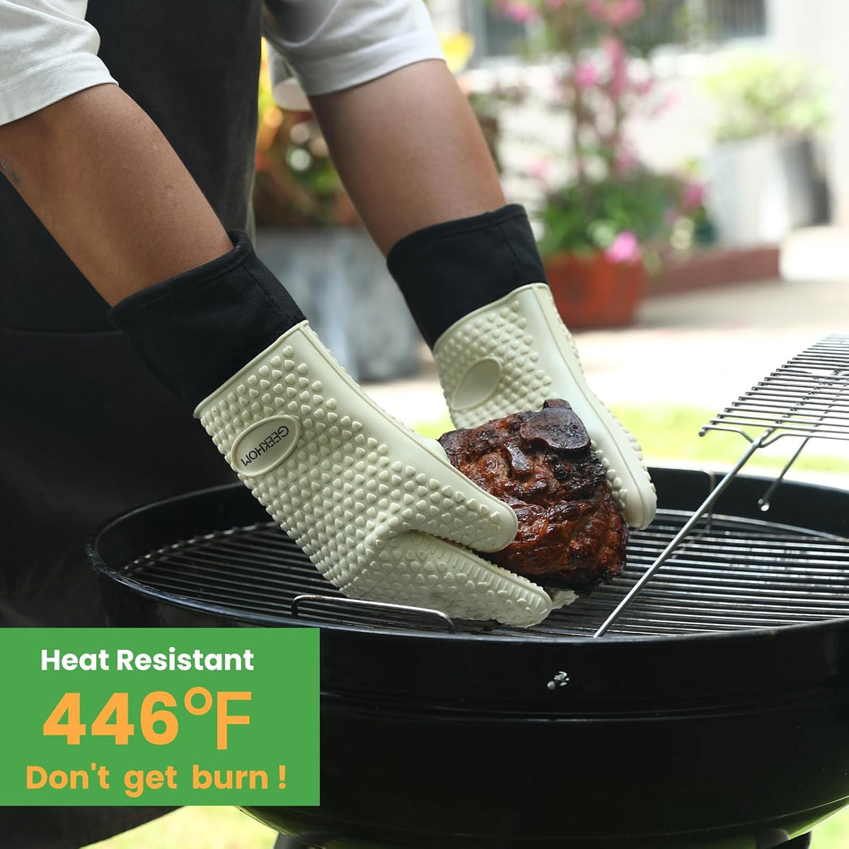 GEEKHOM BBQ Gloves Heat Resistant Oven Mitts - Silicone Grilling Gloves with 14" Long Arm Protection - Waterproof Pot Holder Non-Slip for Men & Women, Kitchen Cooking, Baking, Camping, Beige