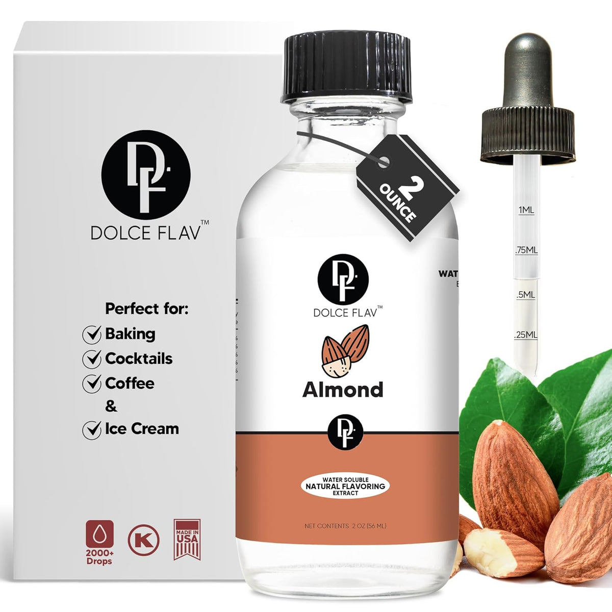 Dolce Flav Natural Almond Extract – 2 Ounce Water-Soluble Kosher, Sugar-Free, Concentrated Pure Almond Flavoring for Baking, Pastries & Beverages, Includes Measured Dropper