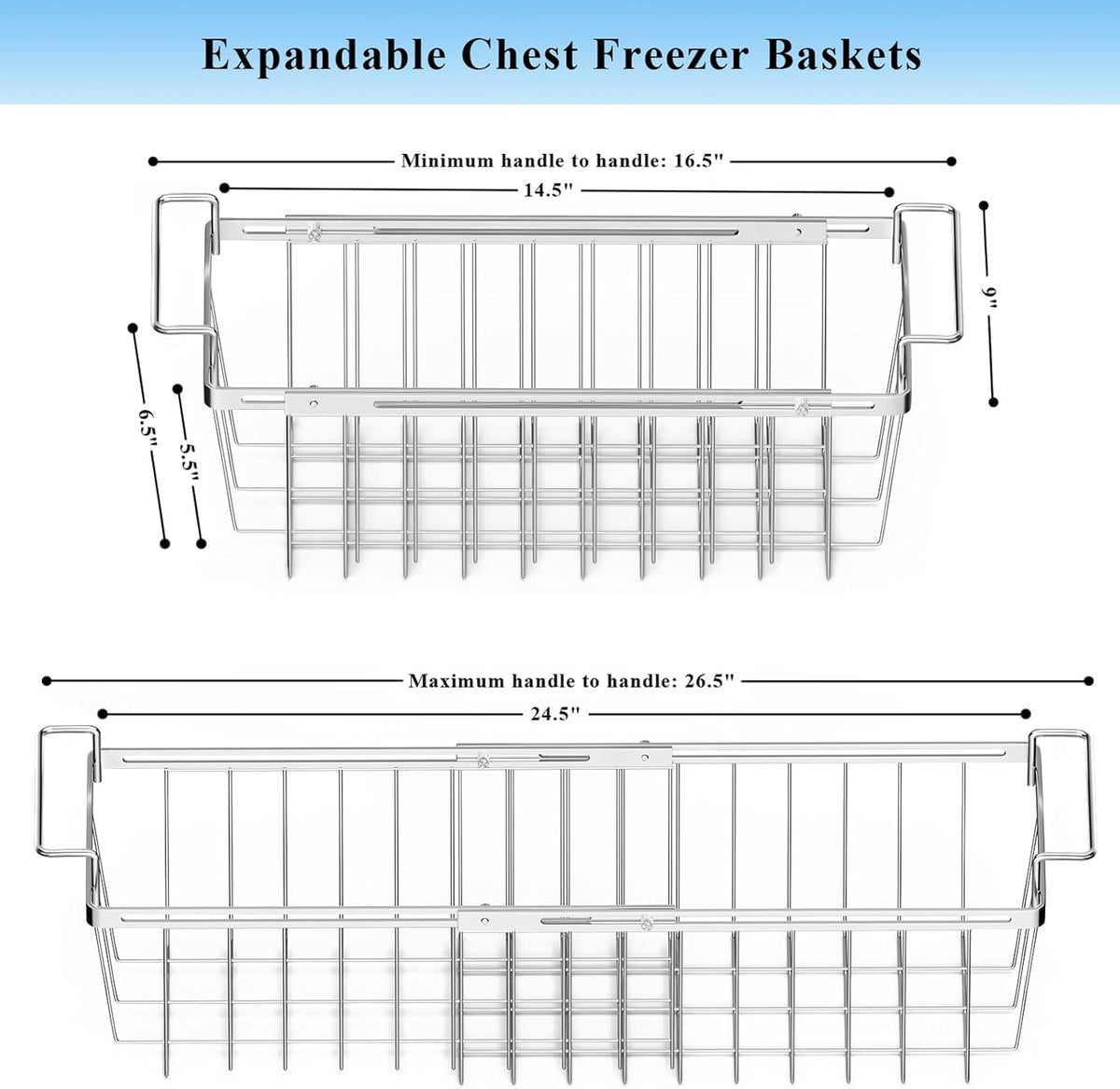 Orgneas Freezer Baskets for Chest Freezer, Capacity Expandable Deep Freezer Organizer Bins Adjustable From 16.5" to 26.5" Stainless Steel Wire Basket Storage with Hanging Handles