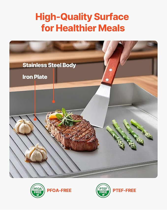 VEVOR Commercial Electric Griddle, 21.06 x 11.81 inch, 1750W, 122-570°F Adjustable Temp Control, Stainless Steel Body, Half Grooved Half Flat, with 2 Spatulas, 2 Brushes, and 4 Foot Pads, for Steak