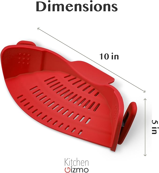Kitchen Gizmo Snap N Strain Silicone Pot Strainer - Adjustable Clip-On Pasta Strainer for Pots, Pans, and Bowls - Large Red Kitchen Colander