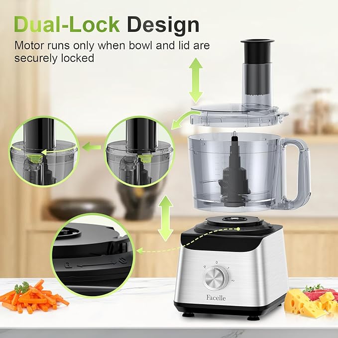 Facelle Electric Food Processor 10 Cup Large Bowl with 6.8oz Grinder, 600W Vegetable Chopper for Mincing, Dicing, Shredding, Puree & Kneading Dough, Great for Cheese Grater, Hummus, Meat and Salsa
