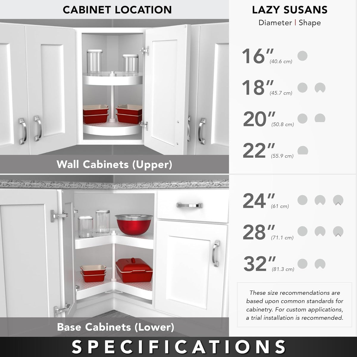 Rev-A-Shelf 2 Tier Pie-Cut Lazy Susan for Corner Base Cabinets, Plastic, 28" Double Shelf Swivel Kitchen Spice and Can Organizer, White, 6942-28-11-52