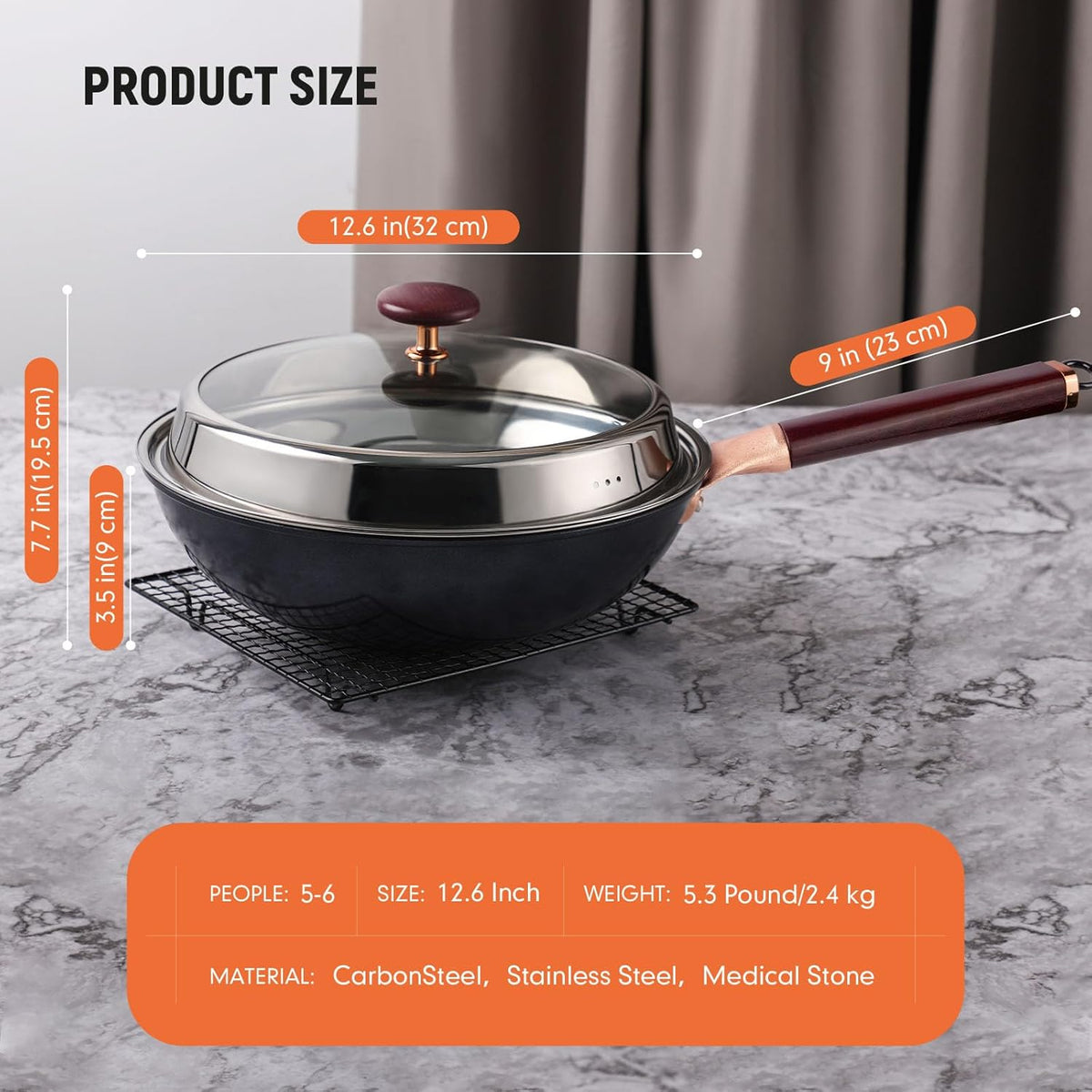 12.5” Woks & Stir-Fry Pans with Lid Steamer, Nonstick Ceramic Wok Pan with Lid, Deep Large Induction Hard Anodized Frying Wok, Carbon Steel Wok Set Flat Bottom, Large Saute Pan Set