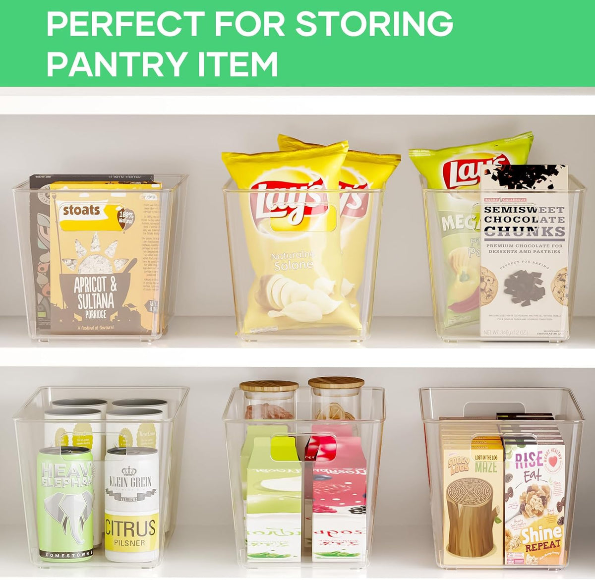 6 Pack Clear Plastic Storage Bins, 11" Large Pantry Organizer Bins with Handles, Plastic Containers for Refrigerator,BPA-Free Perfect for Kitchen,Fridge,Cabinet,Pantry,Bathroom,Closet Organization