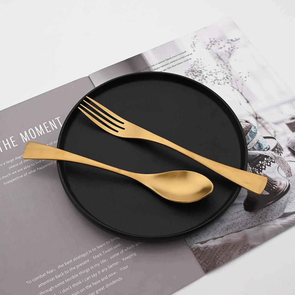 Golden Silverware Set, 6 Pieces 304 Stainless Steel Eating Utensil Set with Gift Box, Include Knife, Forks and Spoons, Matte Polished Flatware Set for 1, Dishwasher Safe, Gold